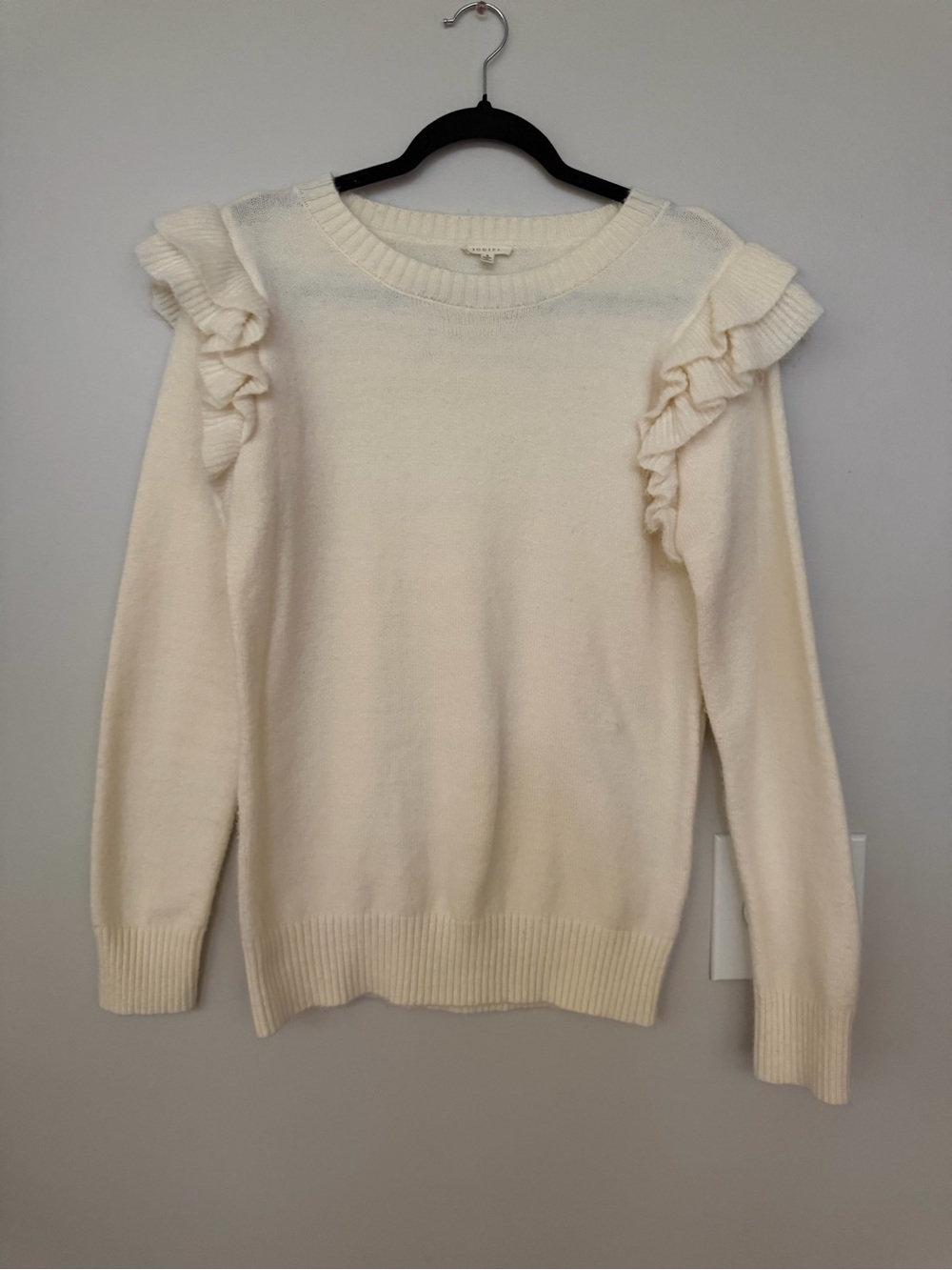 JODIFL Cream Ruffle Shoulder Crew Sweater